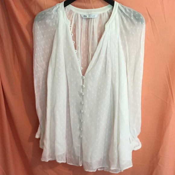 Zara, Elegant Swiss dot chiffon peasant blouse - Picture 2 of 8